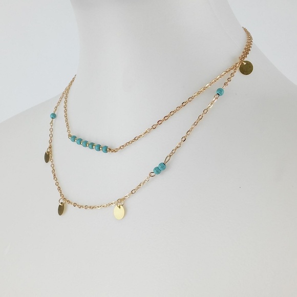 Double Strung BOHO Gold Turquoise Necklace - Picture 4 of 5